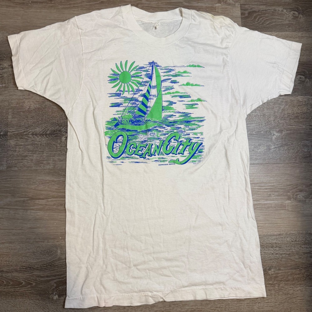 Vintage Ocean City Sailboat Graphic T-Shirt White Single Stitch Expressions L